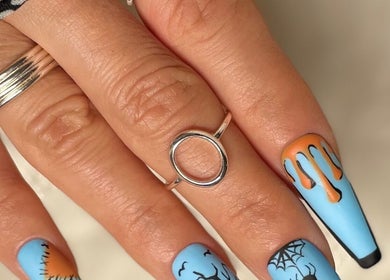 Colorful nail art at Geri Nails Art Studio, London, England, GB, showcasing intricate designs.