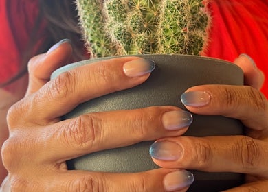 Manos con uñas cuidadas sostienen un cactus en Cactus Beauty House, San Jose del Cabo, Baja California Sur, MX.