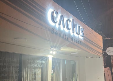 Fachada iluminada del Cactus Beauty House en San Jose del Cabo, Baja California Sur, MX.