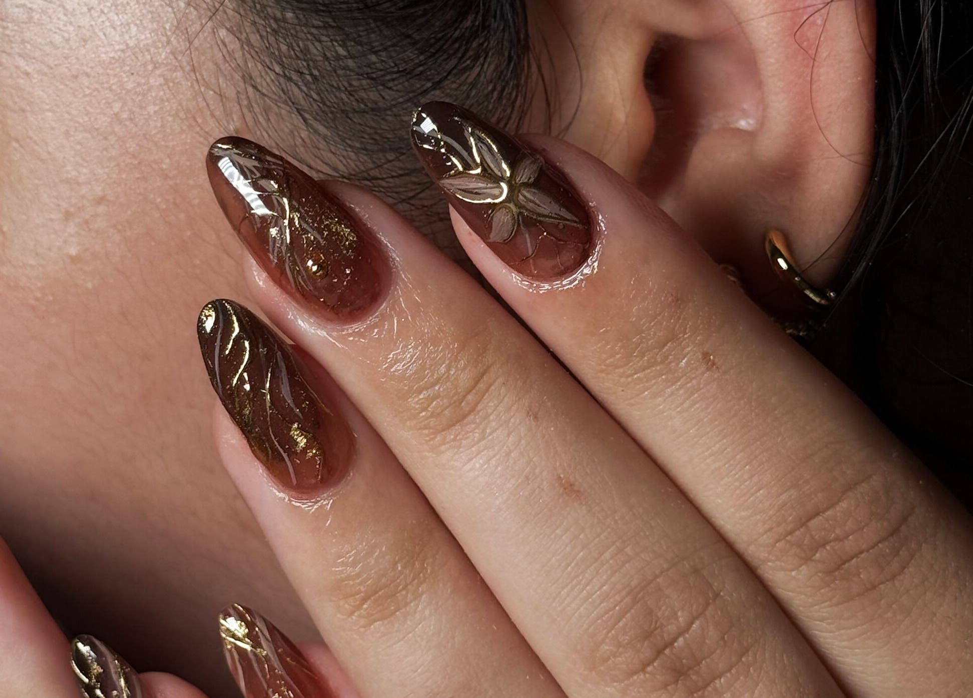 Elegant nail art with golden accents by Kyo Nails, Auckland, Auckland, NZ.