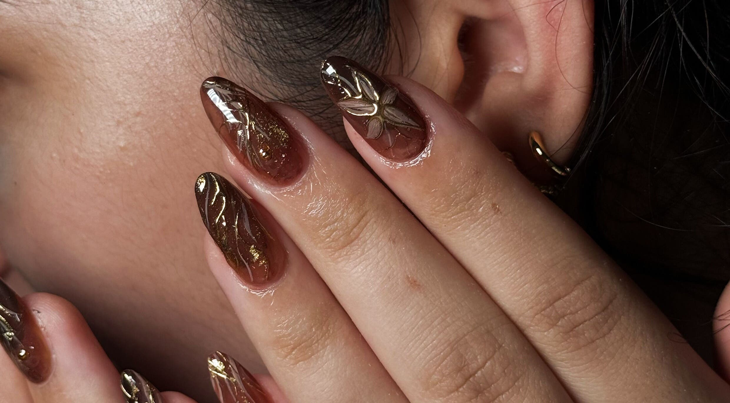 Elegant nail art with golden accents by Kyo Nails, Auckland, Auckland, NZ.