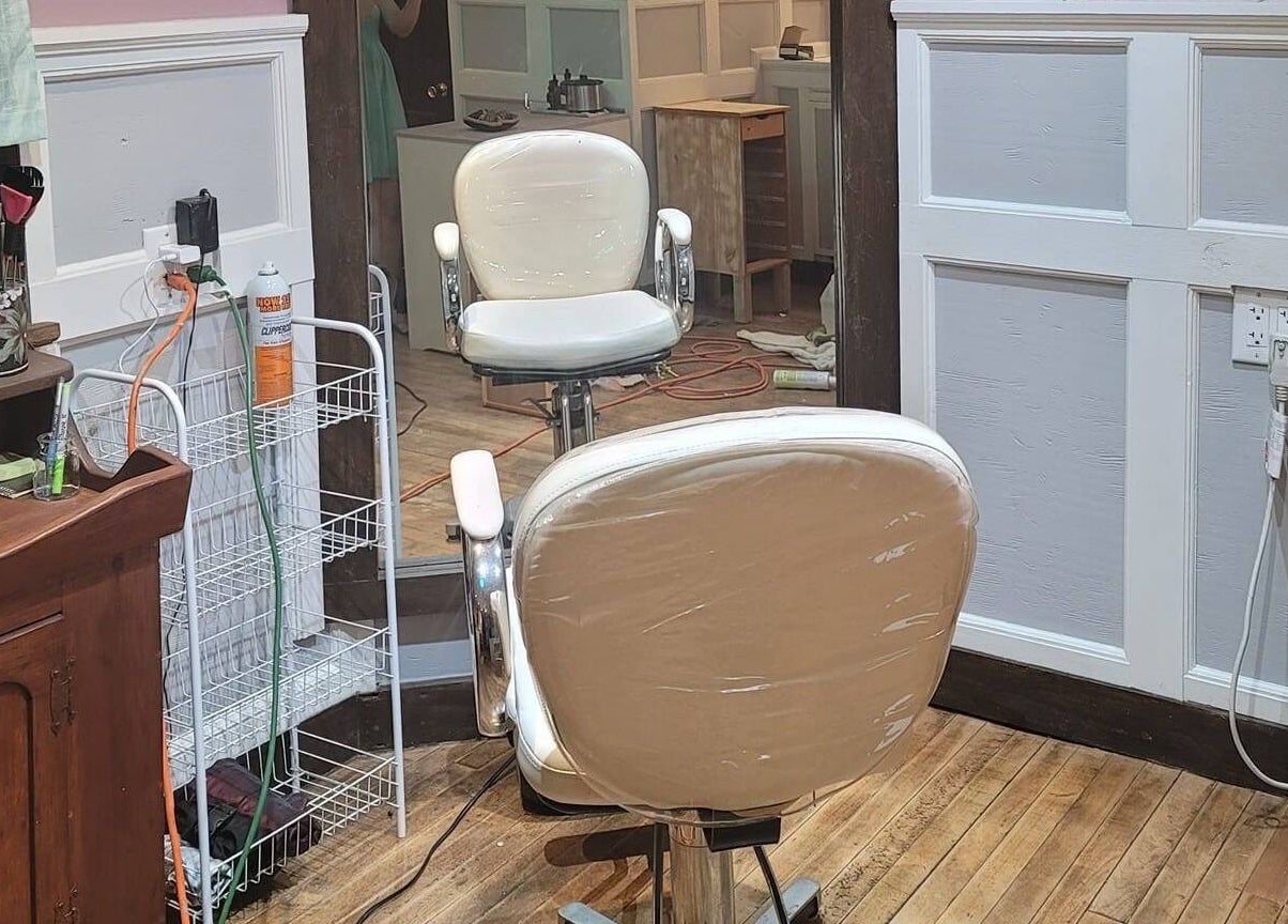 Chic stylist chair at Jennifa Styles Hair Salon & Lounge, West Brookfield, Massachusetts, US.
