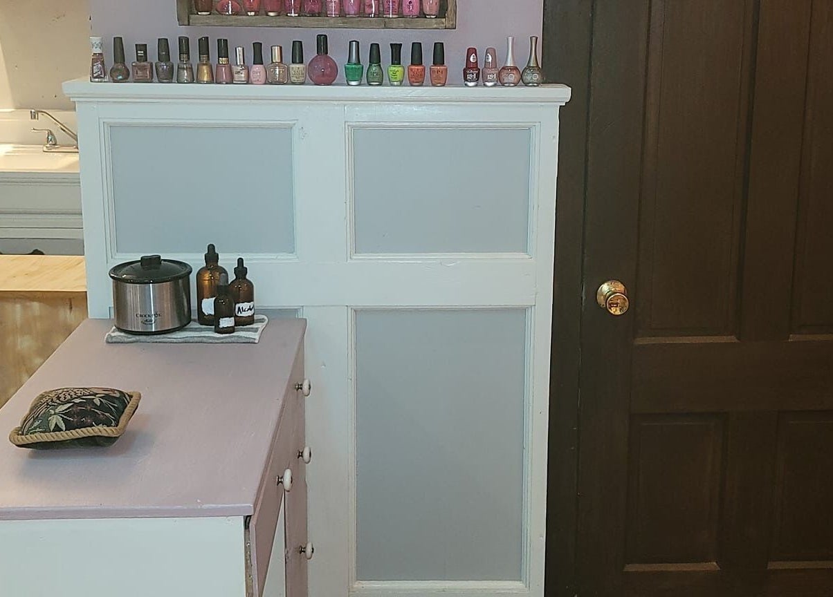Nail polish display and supplies at Jennifa Styles Hair Salon & Lounge, West Brookfield, Massachusetts, US.