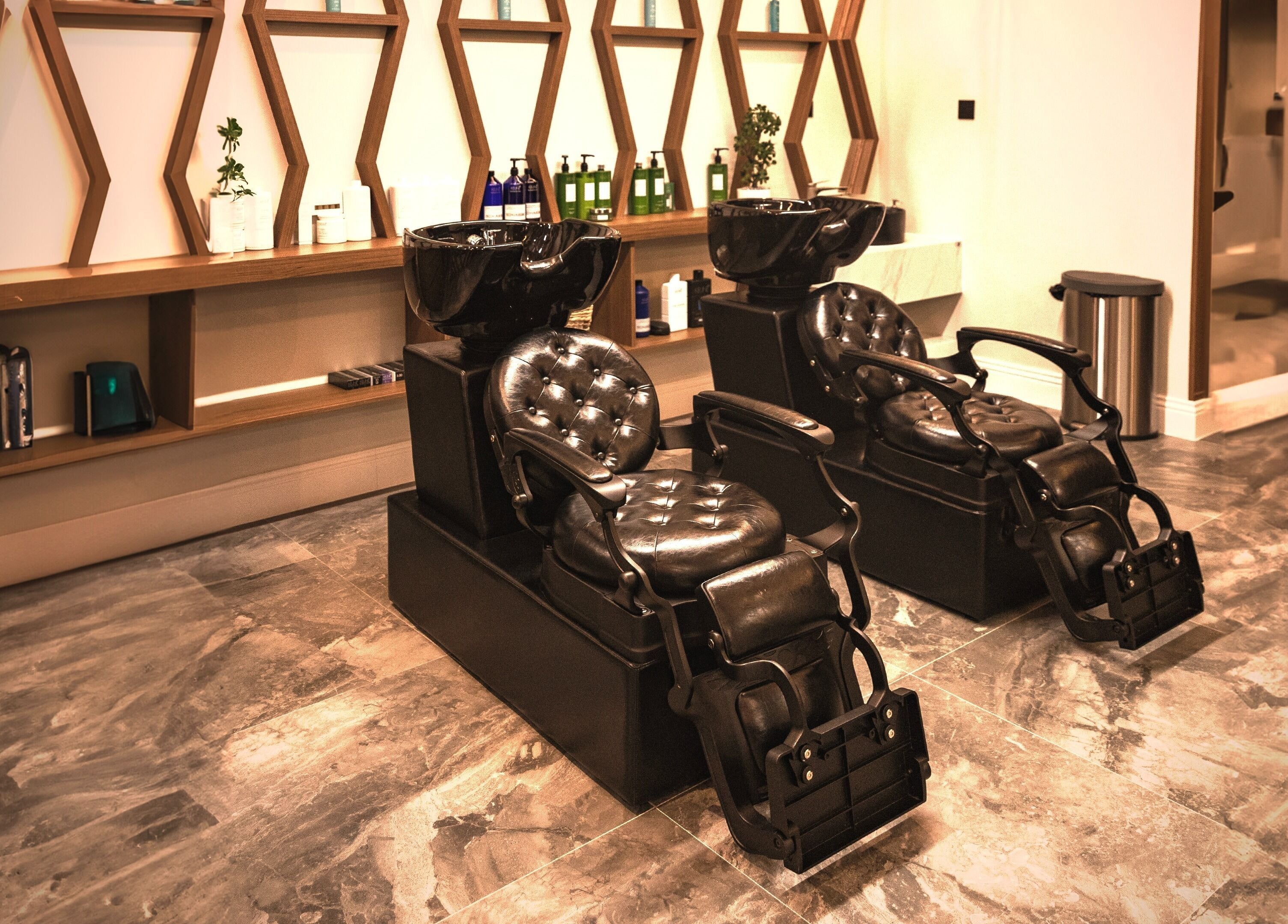 Luxurious hair washing stations at Dapper Barbershop in Dhahran, Eastern Province, SA.