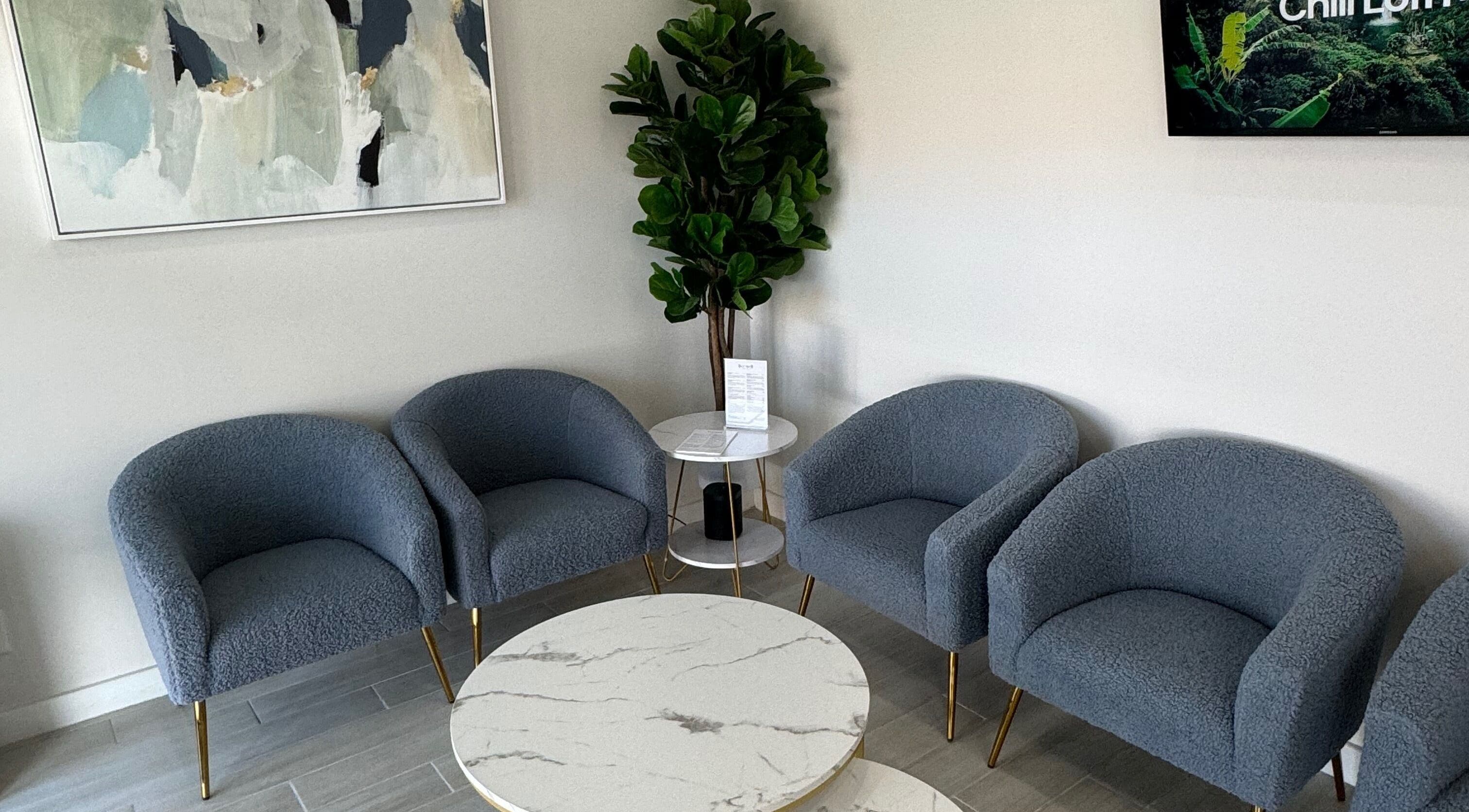 Chic seating area at Live Well Aesthetics in Nassau, New Providence, BS with stylish chairs and decor.