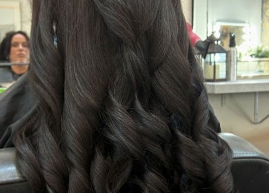 Luxurious dark curls styled at Blondes & Brondes By Beth, East Kilbride, Scotland, GB salon.