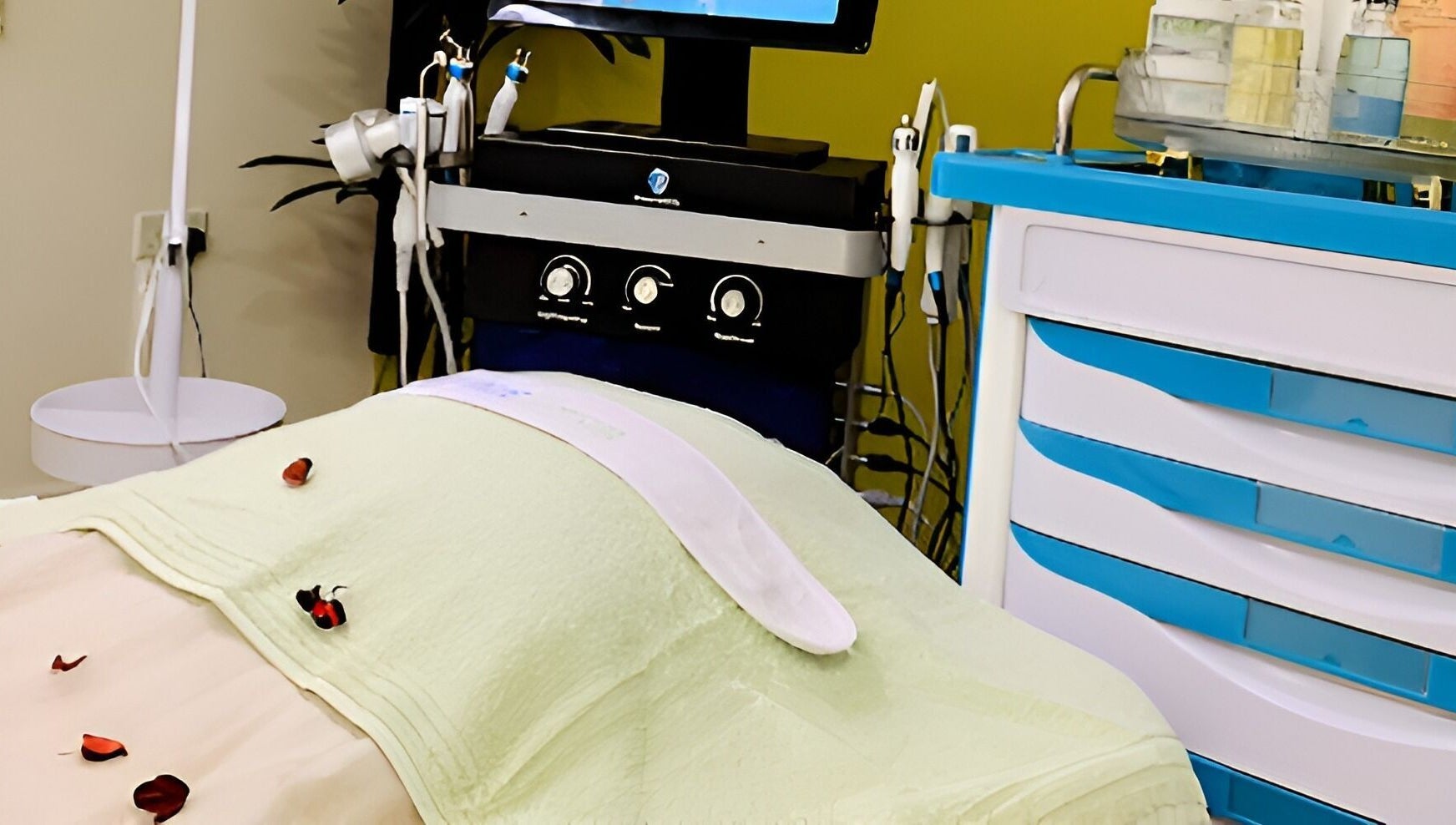 Tranquil treatment room at Pure Skin Spa A'ali featuring a relaxing bed adorned with rose petals in A'Ali, BH.