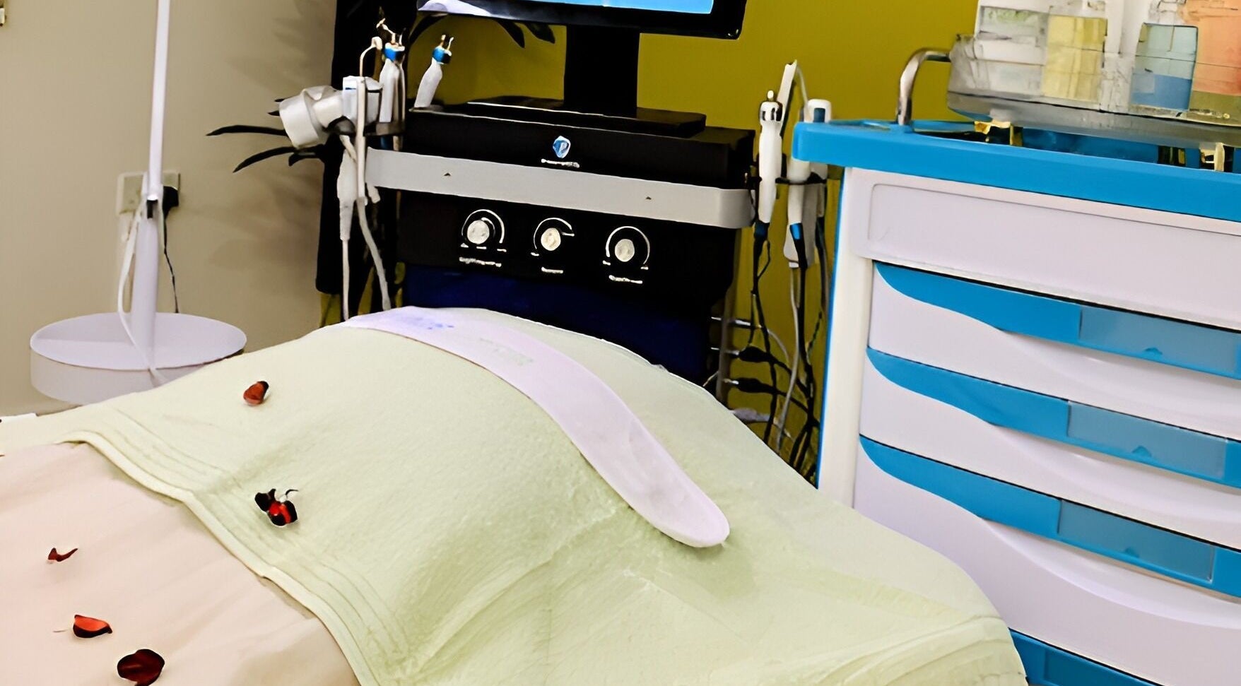 Tranquil treatment room at Pure Skin Spa A'ali featuring a relaxing bed adorned with rose petals in A'Ali, BH.