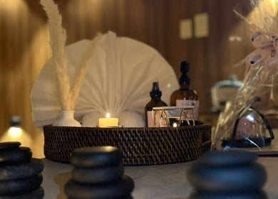 Calming spa ambiance at Kholoud Beauty I مركز خلود بيوتي, Dammam, Eastern Province, SA with stones and candles.