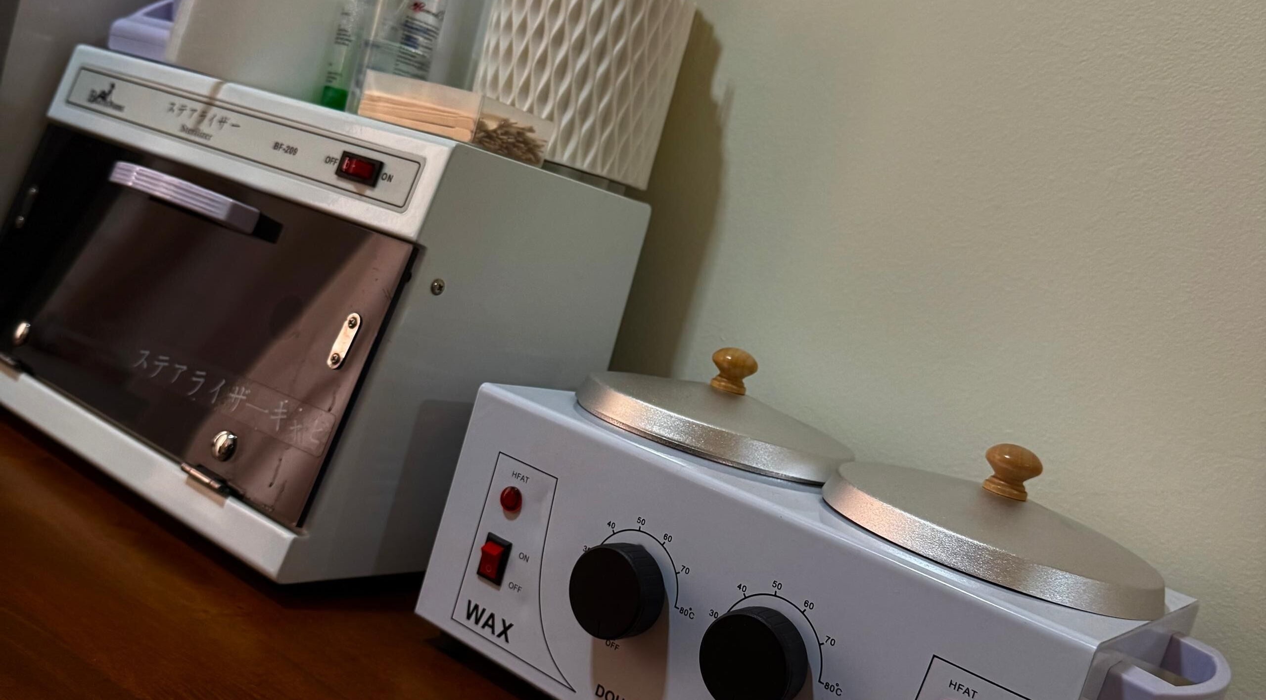 Sanitizer and wax heater at Grace By Riyaa, Shah Alam, Selangor, MY ensuring hygiene and quality service.