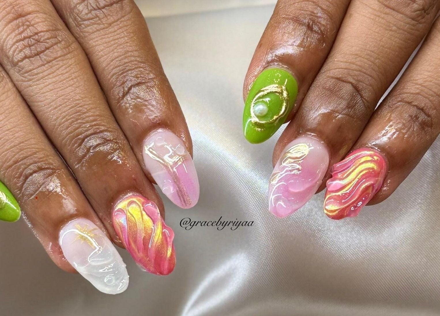 Colorful nail designs at Grace By Riyaa, Shah Alam, Selangor, MY. Showcase of creative nail art.