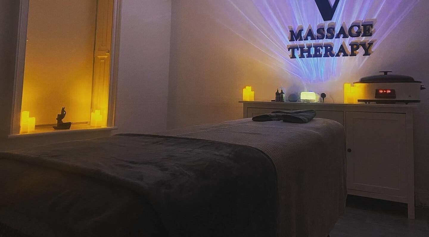 Tranquil massage therapy room at VALER Massage Therapist and Male Waxing, Ruislip, England, GB with soft lighting.