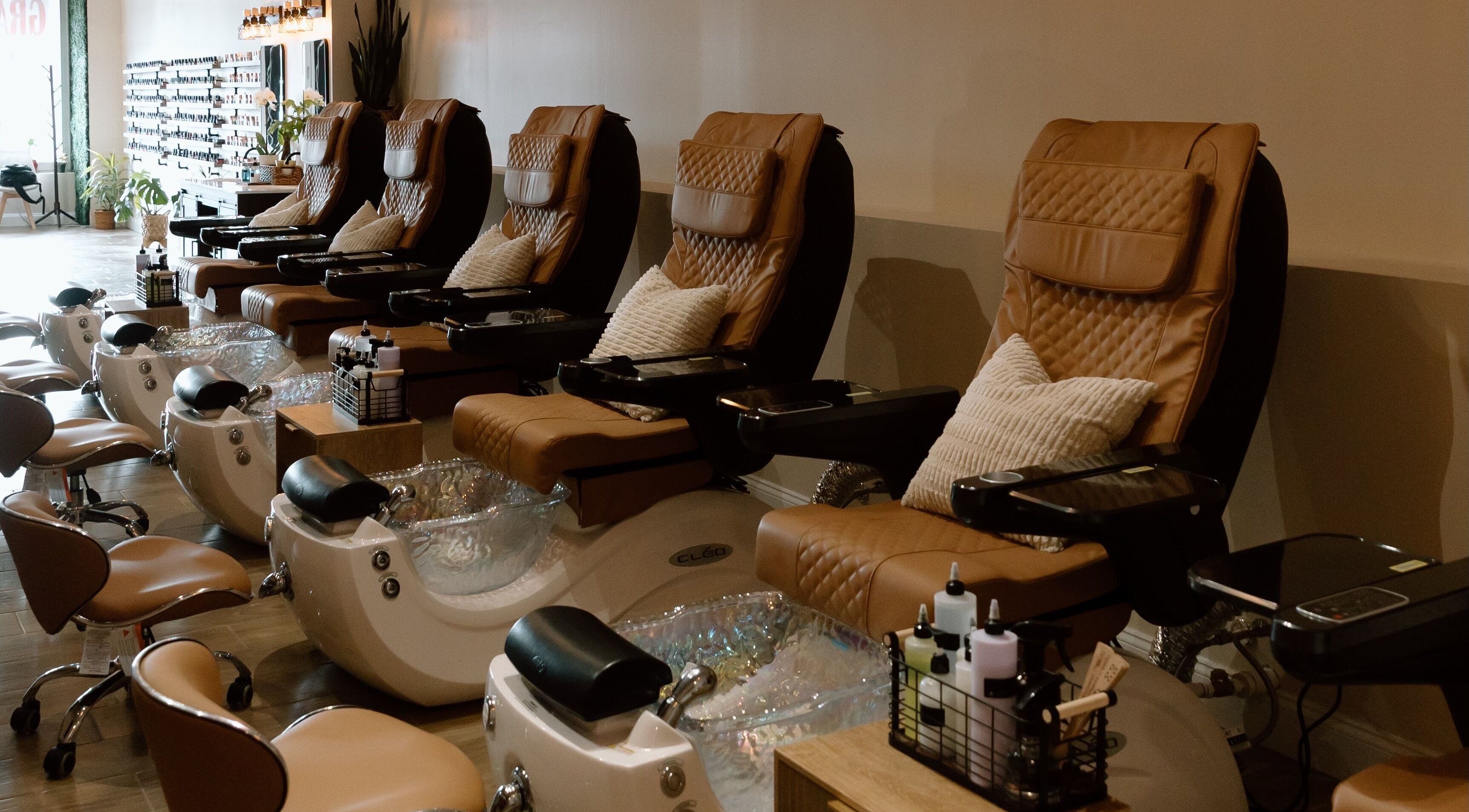 Relaxing pedicure chairs at The Nail Bar in Shrewsbury, Massachusetts, US, offering a serene spa experience.