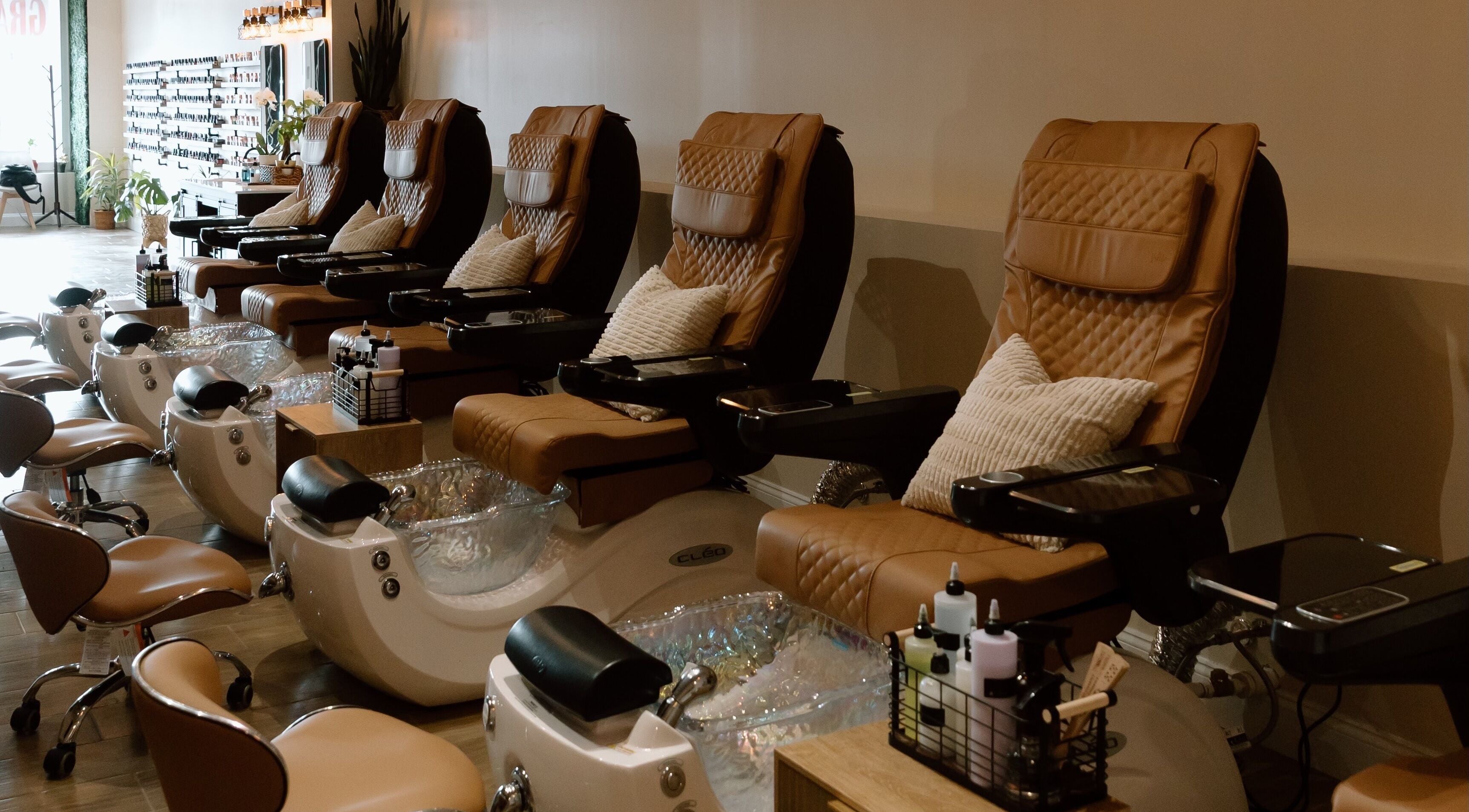 Relaxing pedicure chairs at The Nail Bar in Shrewsbury, Massachusetts, US, offering a serene spa experience.