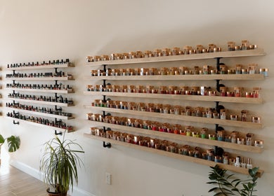 Nail polish display at The Nail Bar, Shrewsbury, Massachusetts, US showcasing vibrant colors.