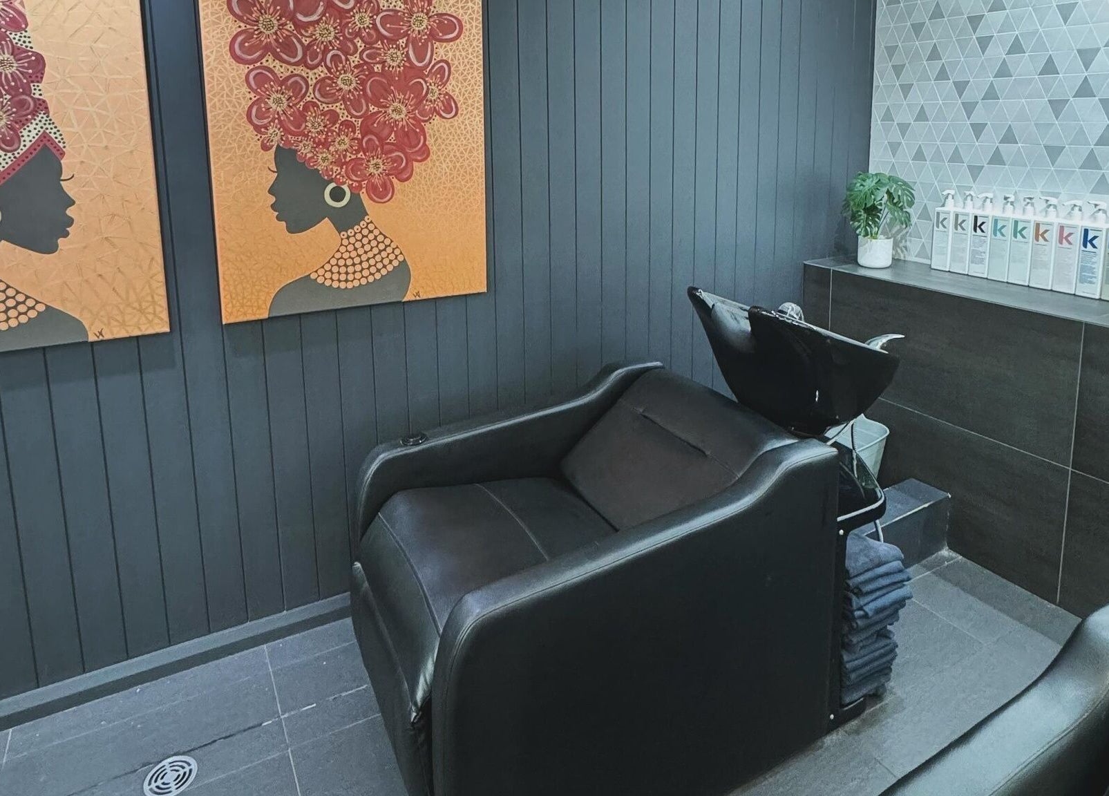 Elegant hair washing area at BAE Salon, featuring artistic wall art in Woolooware, New South Wales, AU.