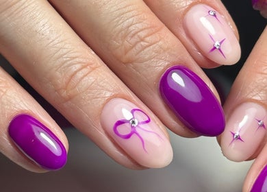 Intricate violet nail art at Nails by Oliwia, Ellesmere Port, England, GB featuring glossy and gemstone accents.