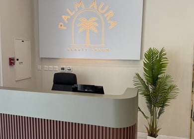 Reception area of Palm Aura Beauty Salon in Dubai, Dubai, AE with sleek counter and elegant decor.