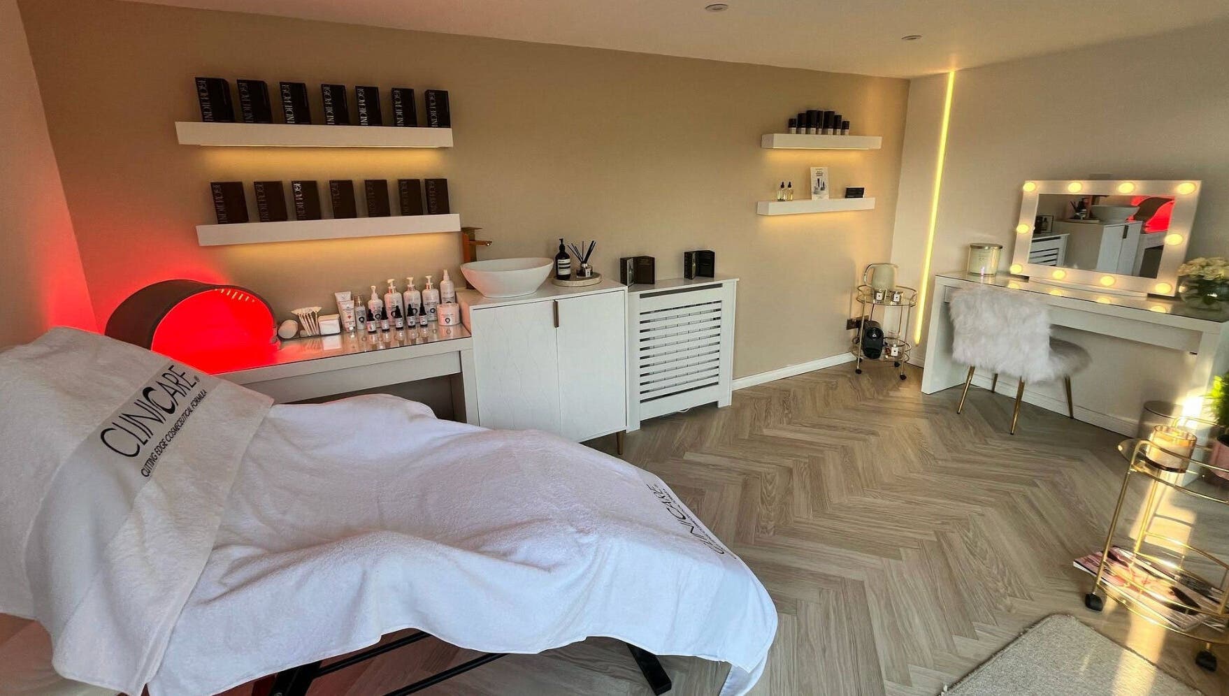 Elegant treatment room at The Beauty Atelier Stalbans, St Albans, England, GB, featuring modern decor and luxurious setup.