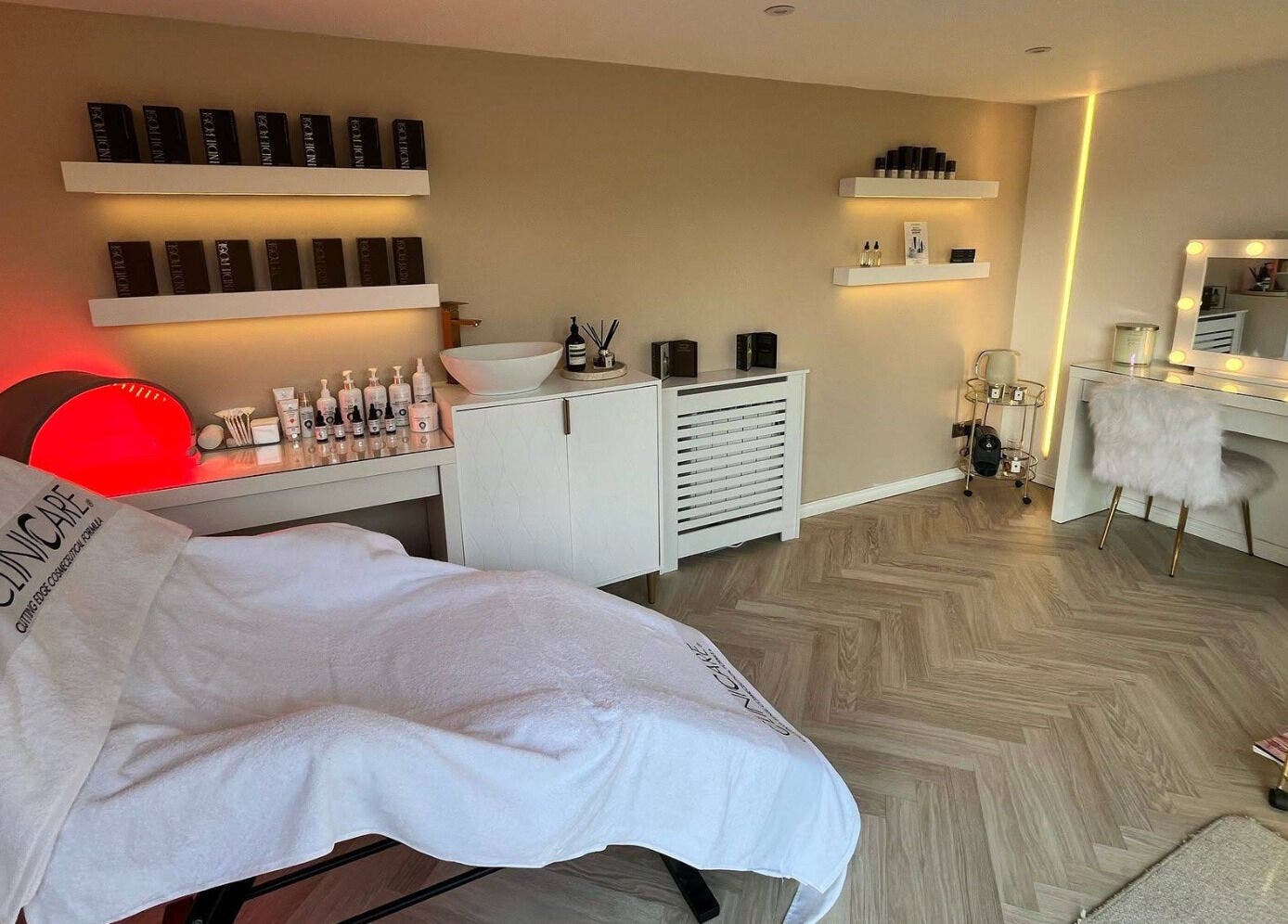 Elegant treatment room at The Beauty Atelier Stalbans, St Albans, England, GB, featuring modern decor and luxurious setup.
