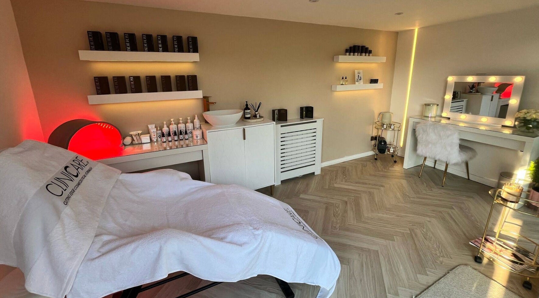Elegant treatment room at The Beauty Atelier Stalbans, St Albans, England, GB, featuring modern decor and luxurious setup.