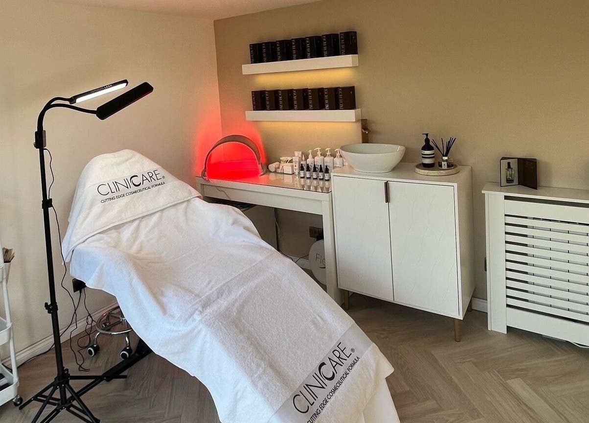 Spa treatment room at The Beauty Atelier Stalbans, St Albans, England, GB showcasing modern decor and skincare products.