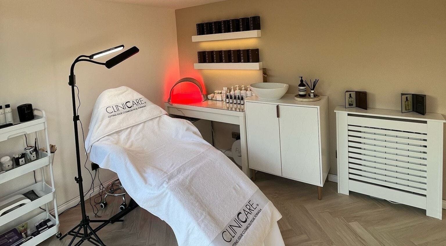Spa treatment room at The Beauty Atelier Stalbans, St Albans, England, GB showcasing modern decor and skincare products.