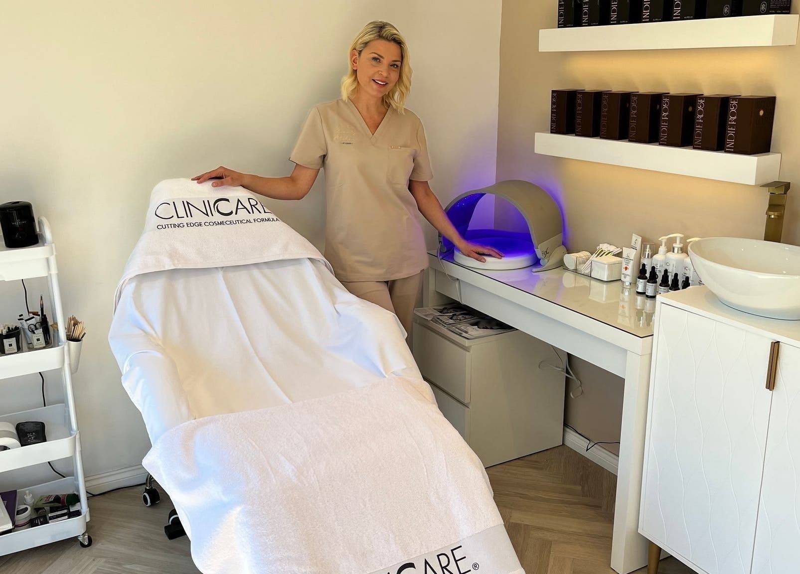 Relaxing treatment room at The Beauty Atelier Stalbans in St Albans, England, GB, with elegant decor and equipment.