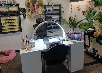 Nail station at Balanced Boutique in Newtownards, Northern Ireland, GB, featuring nail polish and decor.