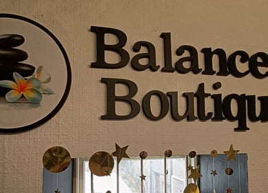 Balanced Boutique logo with zen stones at Newtownards, Northern Ireland, GB.