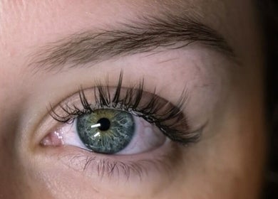 Close-up of styled eyelashes at Kiah Lopez Beauty, Gibraltar, GI, showcasing intricate lash work.