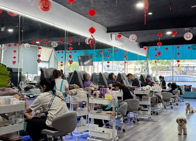 BeautyBar SGV nail salon in San Gabriel, California bustling with clients and staff under festive decor.