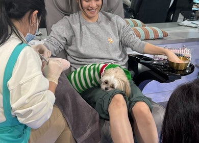 Client enjoys manicure with dog at BeautyBar SGV in San Gabriel, California, US.