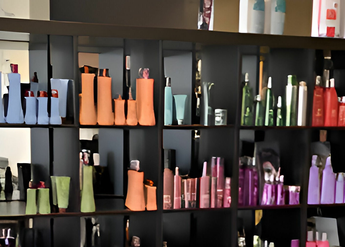 Shelves of vibrant beauty products at Salone Di Essenza, Austin, Texas, US enhancing your wellness routine.