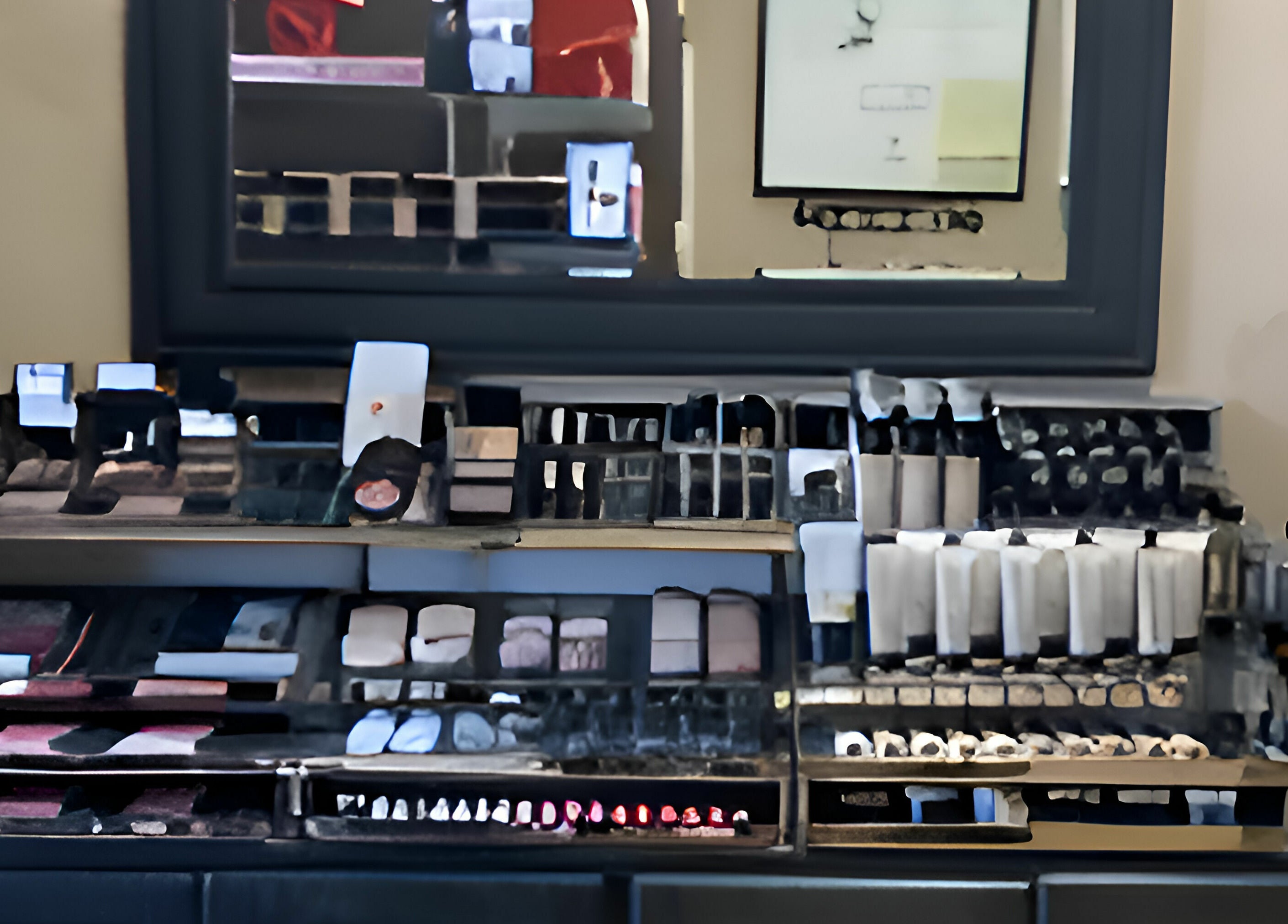 Nail polish display at Salone Di Essenza in Austin, Texas, US, showcasing colorful manicure options.