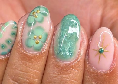 Elegant green and gold nail art at Miceli Beauty Studio, Waterlooville, England, GB.