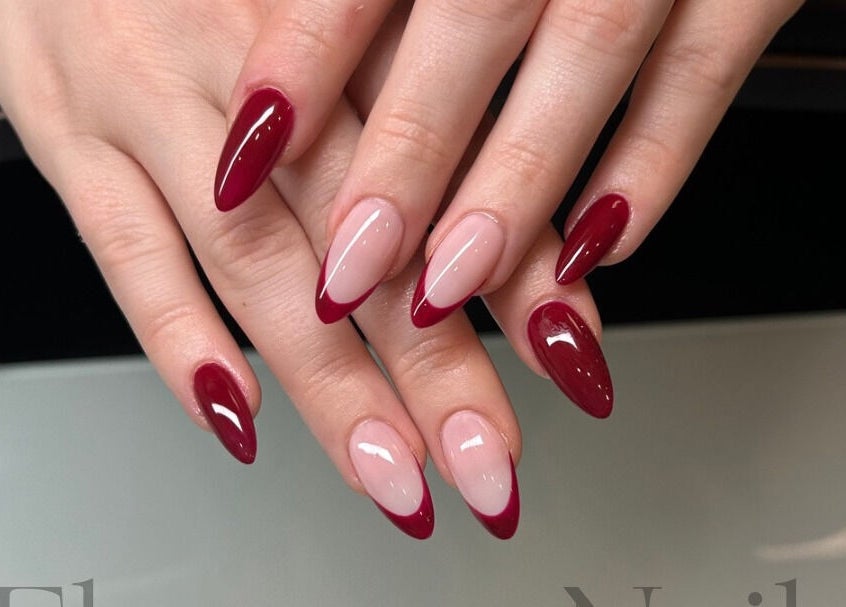 Crimson nails in striking design at Elegancenail Studio, Arndell Park, New South Wales, AU.