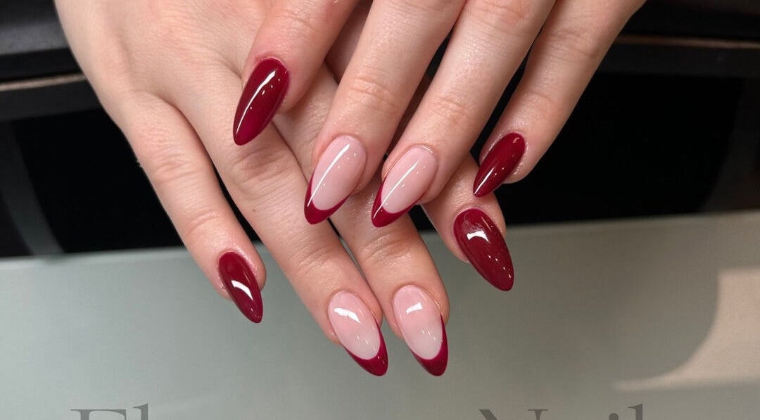 Crimson nails in striking design at Elegancenail Studio, Arndell Park, New South Wales, AU.