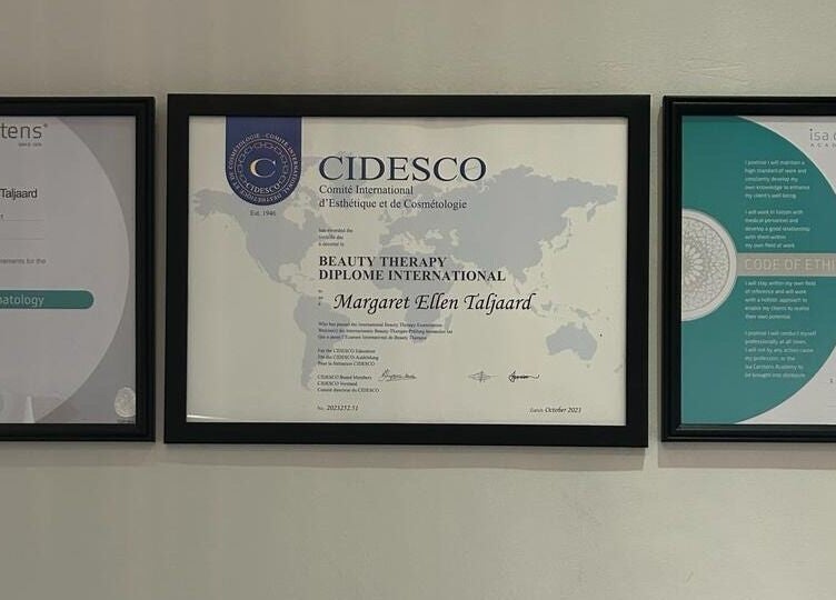 Professional diplomas displayed at Faithful Aesthetics, Pretoria, Gauteng, ZA, showcasing expertise and qualifications.