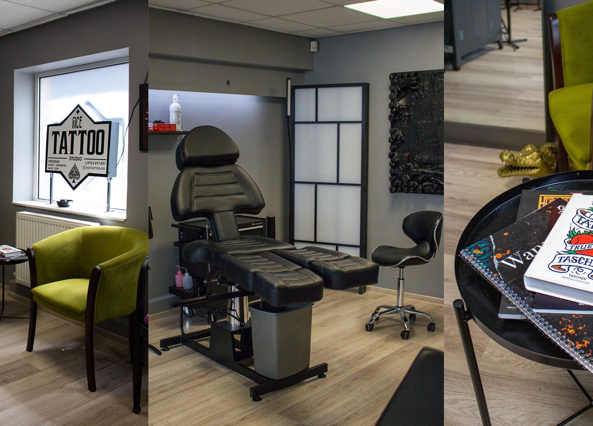 Interiorul modern al Ace Tattoo Parlour din București, București, RO, cu scaun pentru tatuaje și decor relaxant.