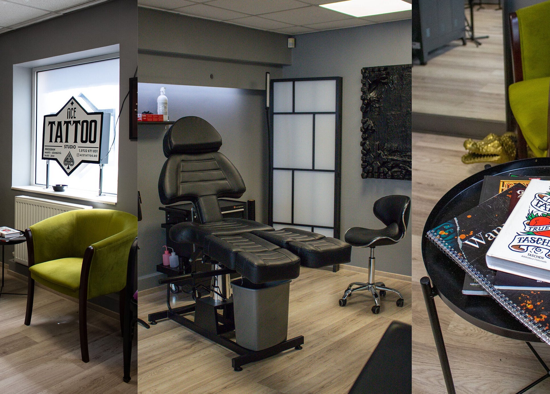 Interiorul modern al Ace Tattoo Parlour din București, București, RO, cu scaun pentru tatuaje și decor relaxant.