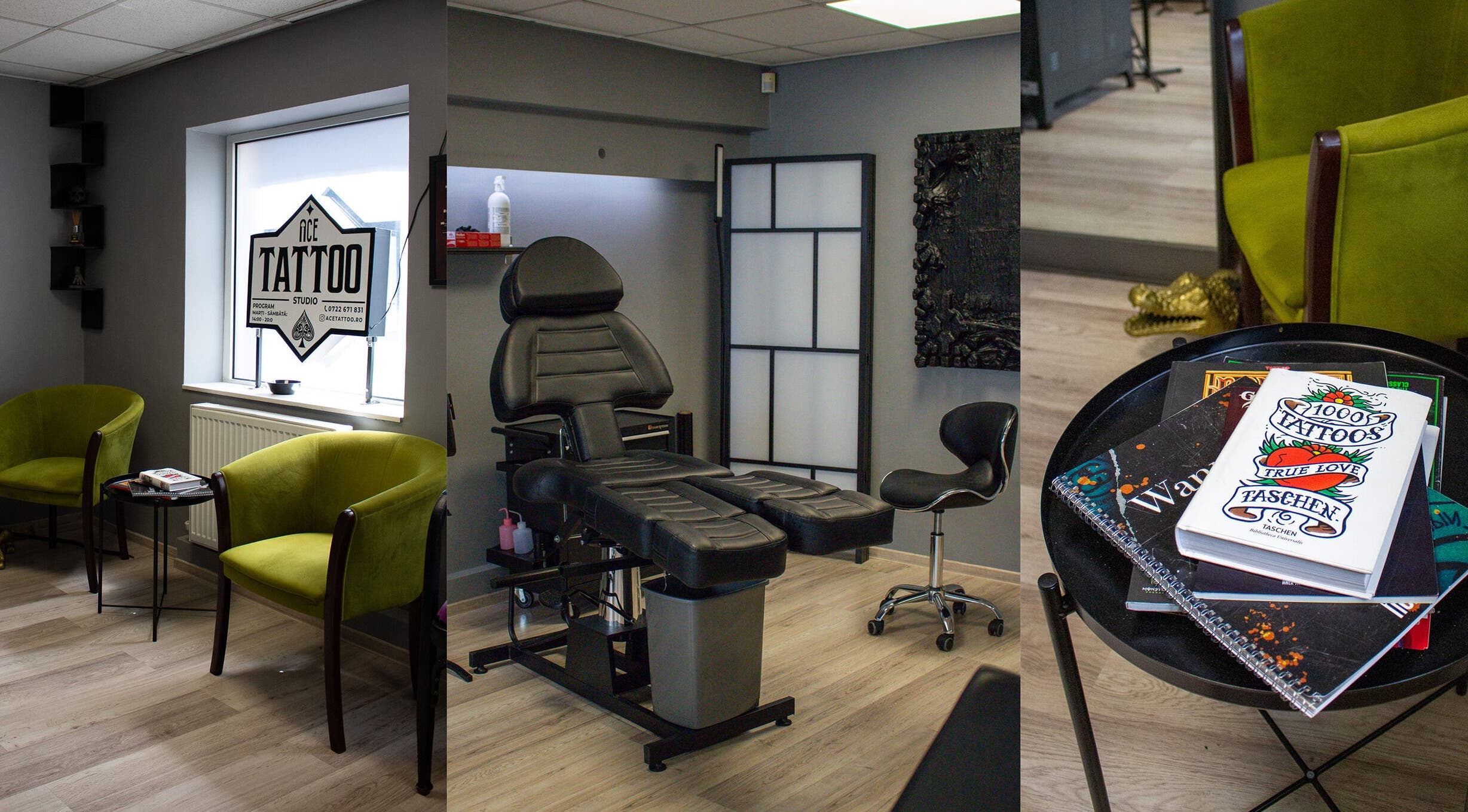 Interiorul modern al Ace Tattoo Parlour din București, București, RO, cu scaun pentru tatuaje și decor relaxant.