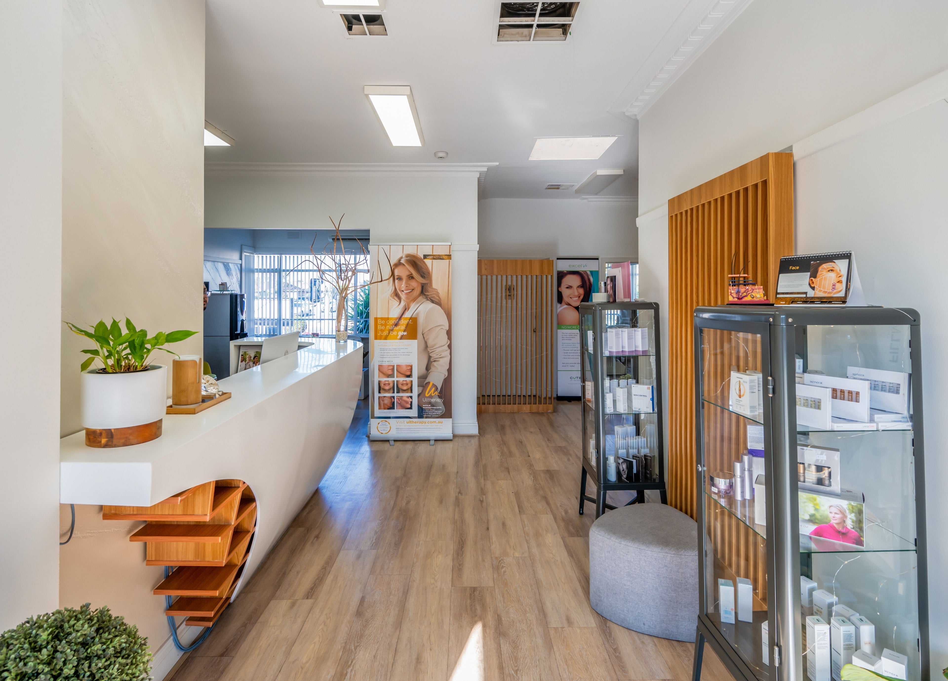 Elegant interior of My Skinic, Melbourne, Victoria, AU, showcasing a modern reception area with beauty products.