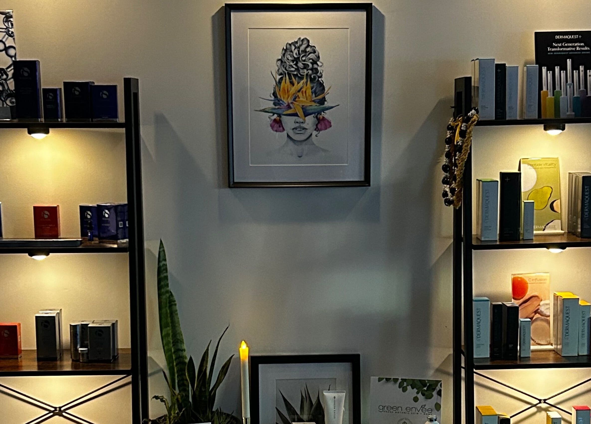 Elegant beauty product shelf at Glow Studio Skin & Beauty, Hamilton, Ontario, CA enhancing the venue's atmosphere.