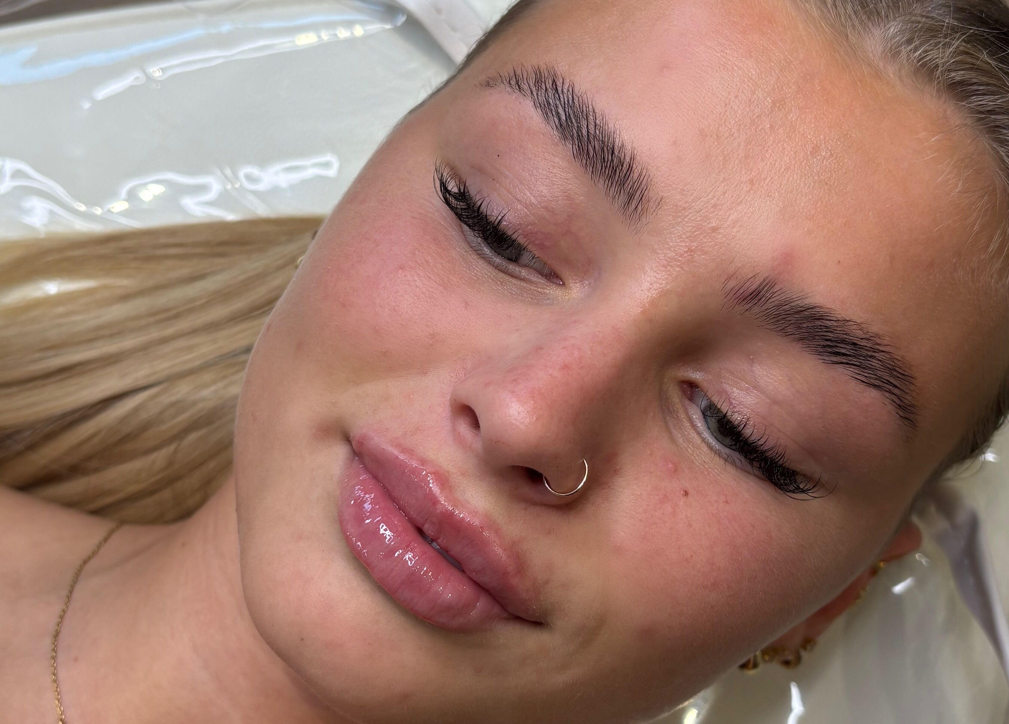 Close-up of beauty treatment at All About Aesthetics, Fareham, England, GB showing facial and eyelash detail.