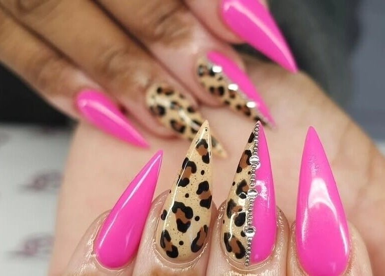 Bright pink and leopard print nail art at Posh Pamper Specialists, Cape Town, Western Cape, ZA.