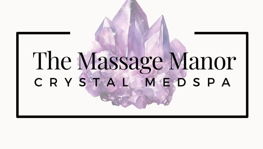 Logo of The Massage Manor Crystal Med Spa, Windsor, Ontario, CA with amethyst crystal background.