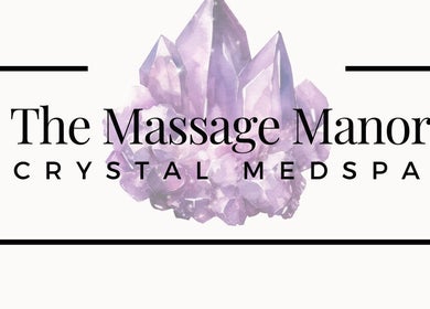 Logo of The Massage Manor Crystal Med Spa, Windsor, Ontario, CA with amethyst crystal background.