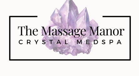 Logo of The Massage Manor Crystal Med Spa, Windsor, Ontario, CA with amethyst crystal background.