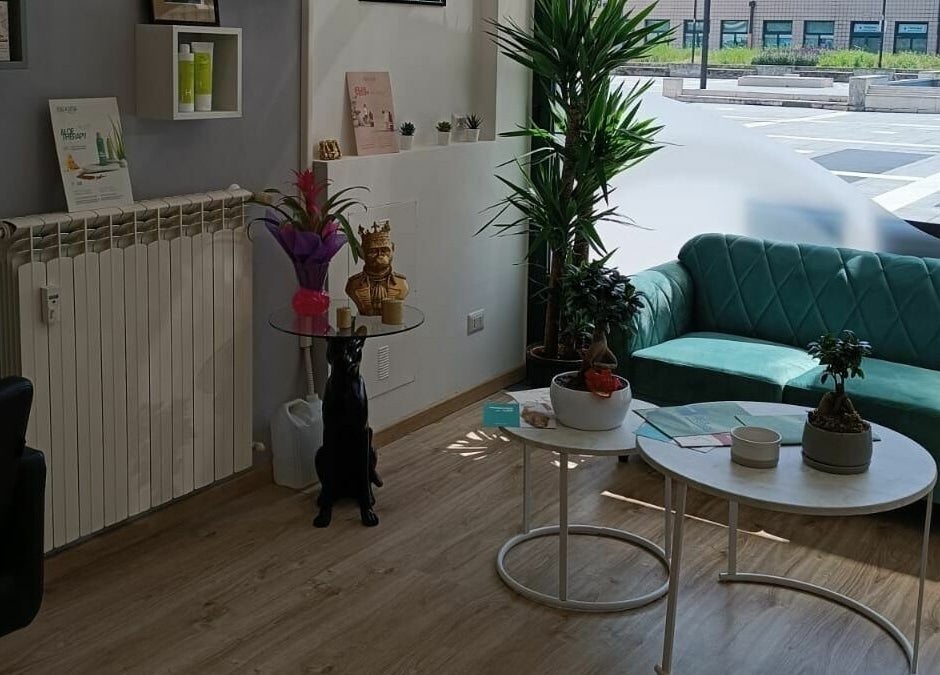 Sala d'attesa accogliente di DG Parrucchieri, Caronno Pertusella, Lombardia, IT, con divano verde e piante.